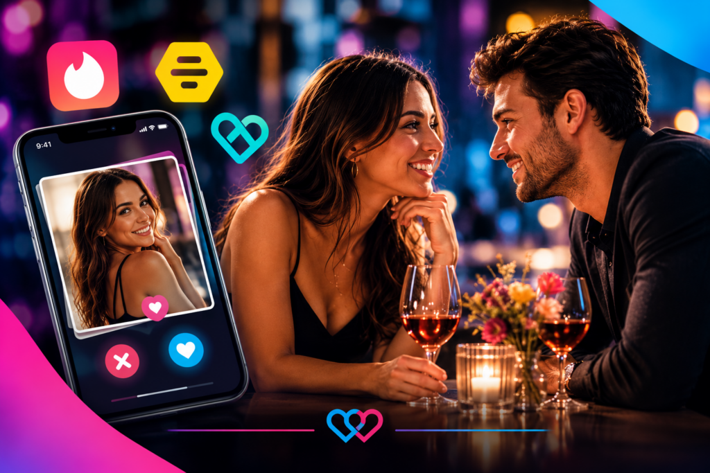 Aantrekkelijk koppel op date naast smartphone met Tinder, Bumble en Breeze datingapps